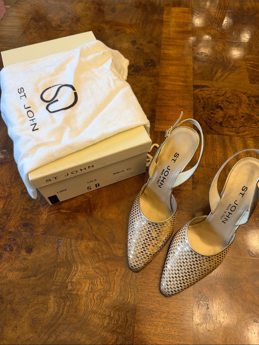 St. John Gold Metallic Woven Slingback Heels